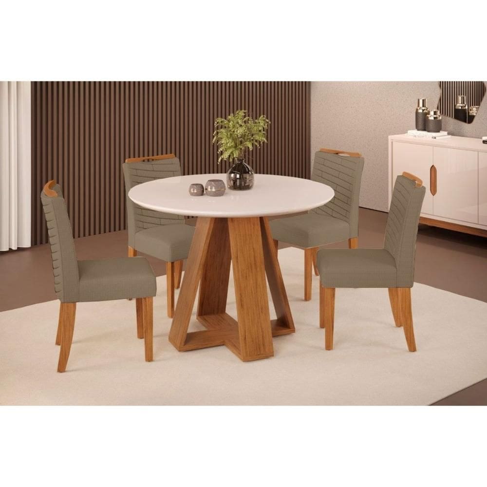 Cozinha Completa DJ Móveis Celeste c/ Tampo Madeirado c/ Vidro Redondo 103x103cm e 4 Cadeiras Lia Freijo/Off White - Linho Bege