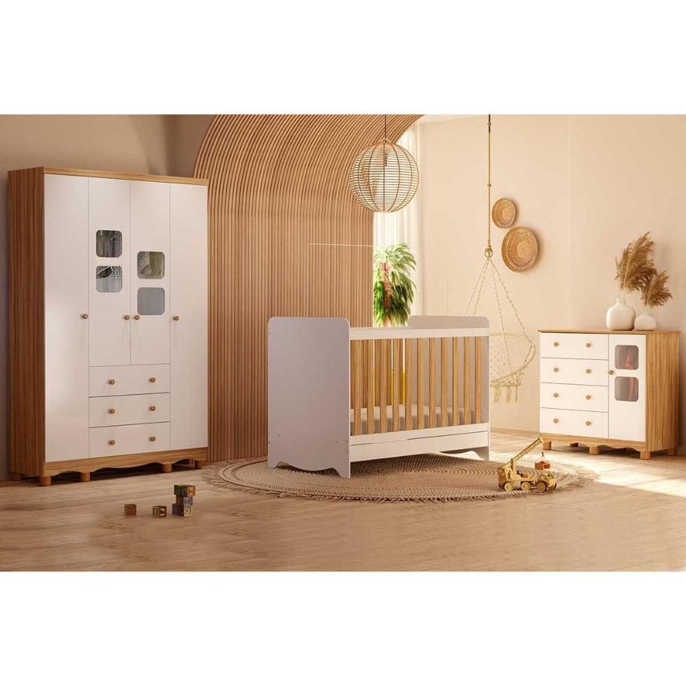 Quarto de Bebê Completo 3 Peças (1GuardaRoupa+1Berço+1Cômoda) QI125 Branco/Amendoa - Peroba