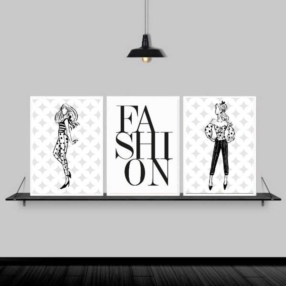 Kit 3 Quadros Moda Feminina Fashion 45X34Cm - Madeira Branca
