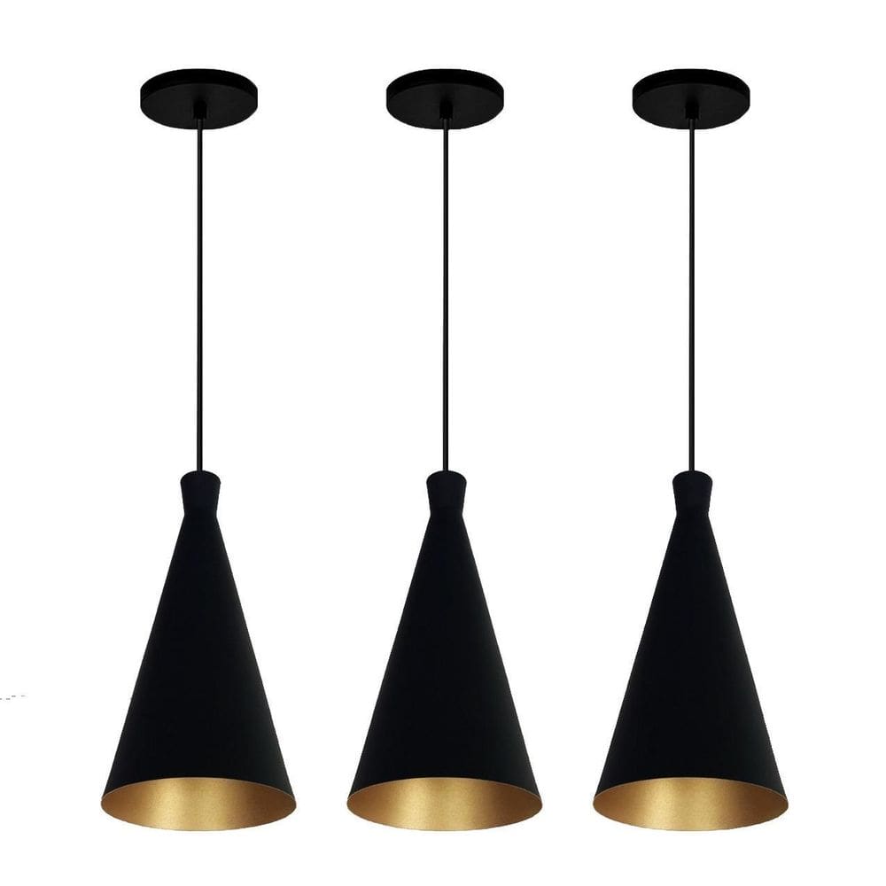 Kit 3 Lustre Pendentes Funil Dixon Canadá Preto Com Dourado