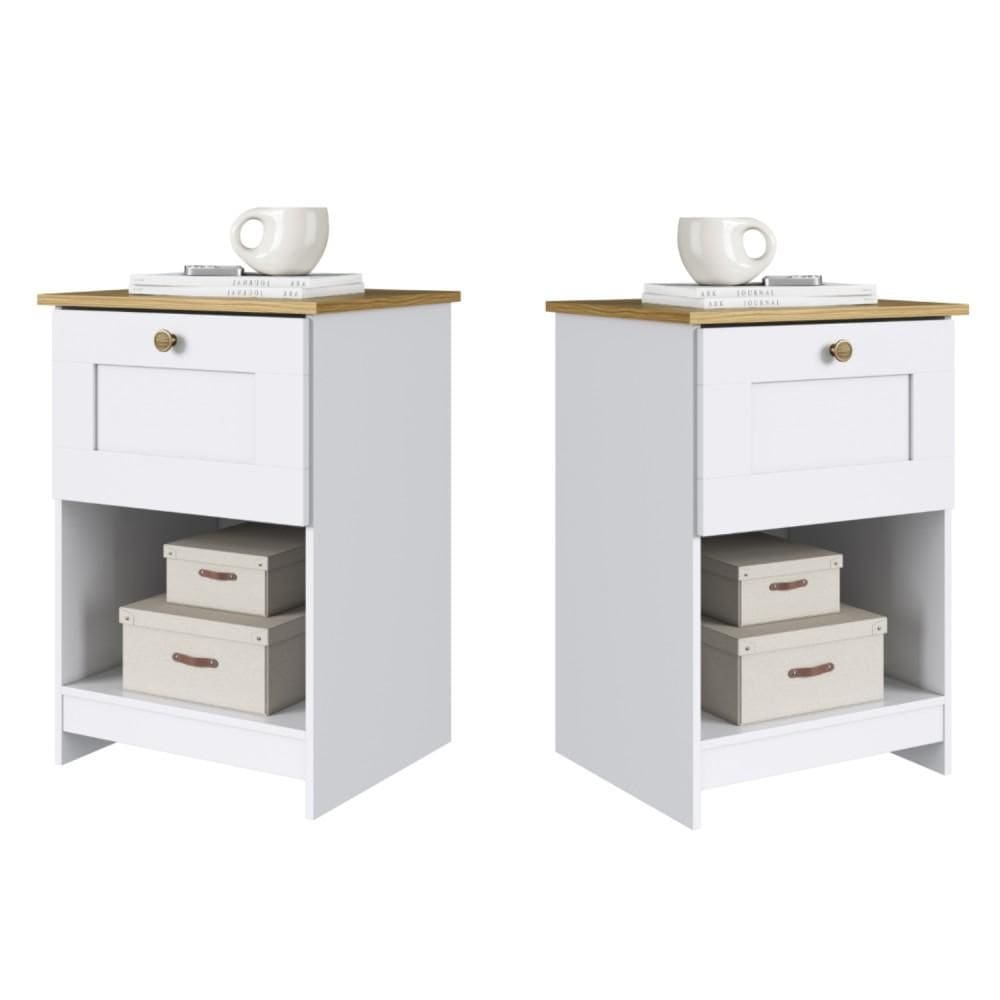Kit Conjunto 2 Mesa de Cabeceira 1 Gaveta Moderna Americano MN1010 40cm Cor Branco - Decibal Móveis