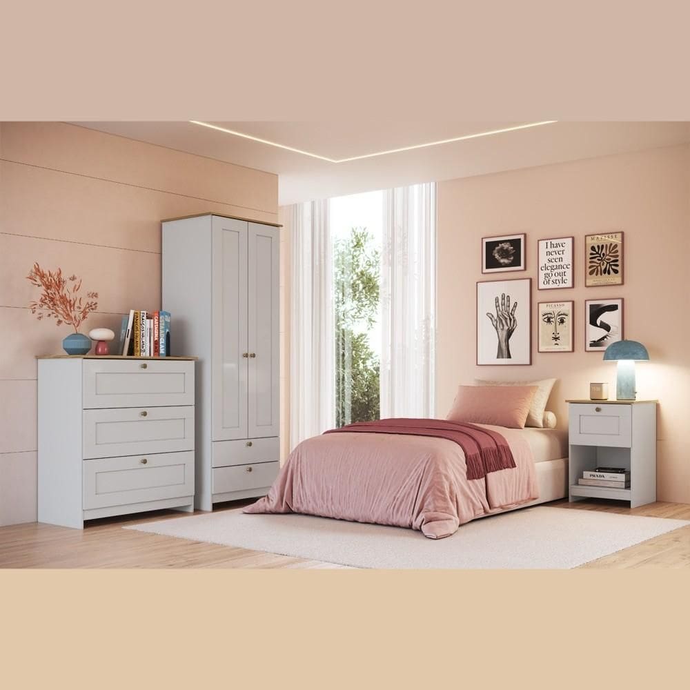 Conjunto Quarto Solteiro Completo 3 Peças 2 Portas 6 Gavetas Americano Cor Branco - Decibal Móveis