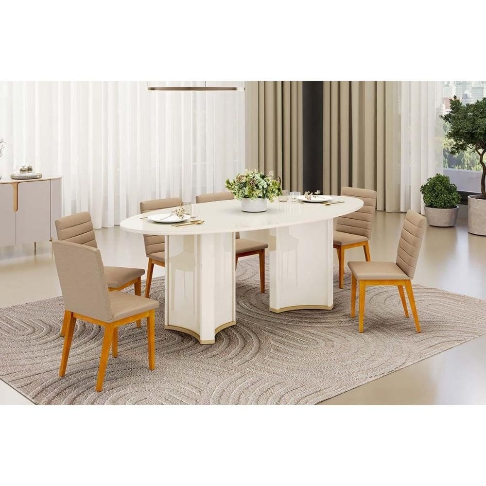 Conjunto: Mesa Sala Jantar Liz c/ Tampo Madeirado c/ Vidro Oval 218x108cm e 6 Cadeiras Sofia Off White - Ipe/Linho Bege - DJ Móveis