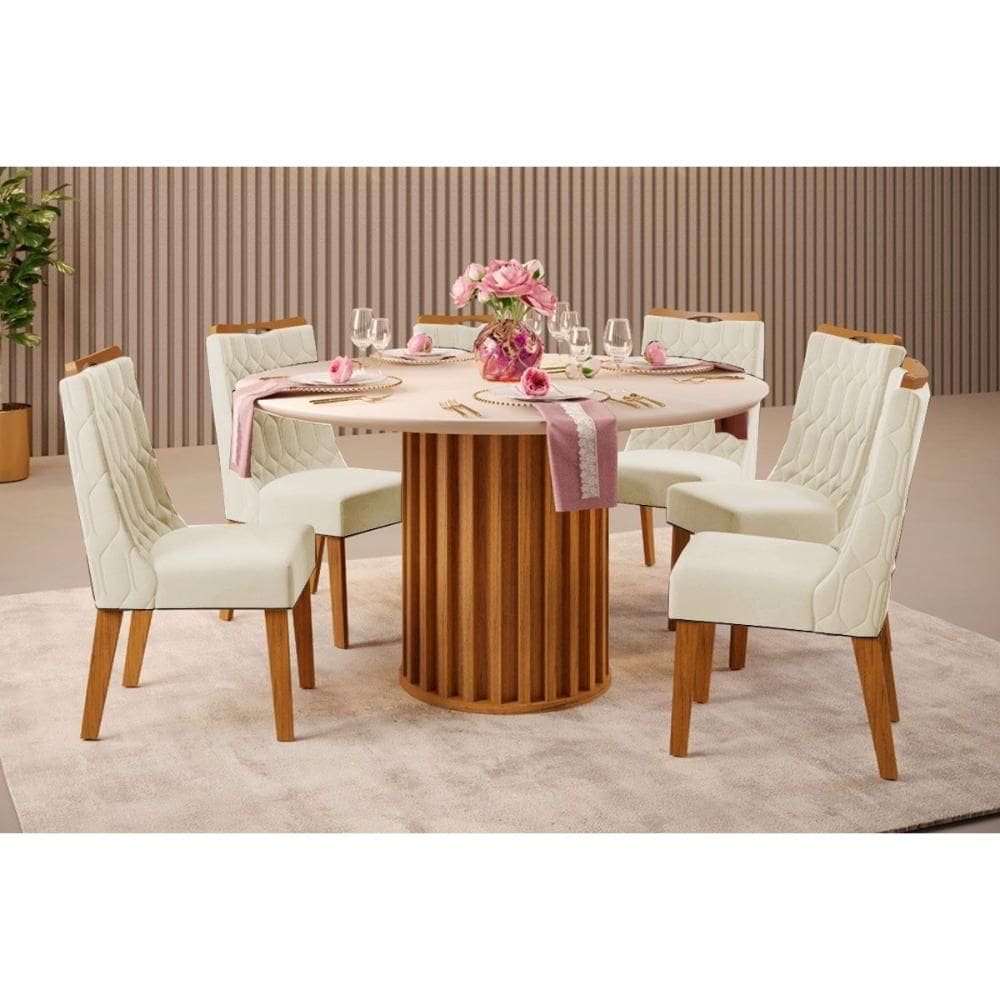 Cozinha Completa DJ Móveis Viena c/ Tampo Madeirado c/ Vidro 136x136cm e 6 Cadeiras Bia Freijo/Off White - Linho Neve