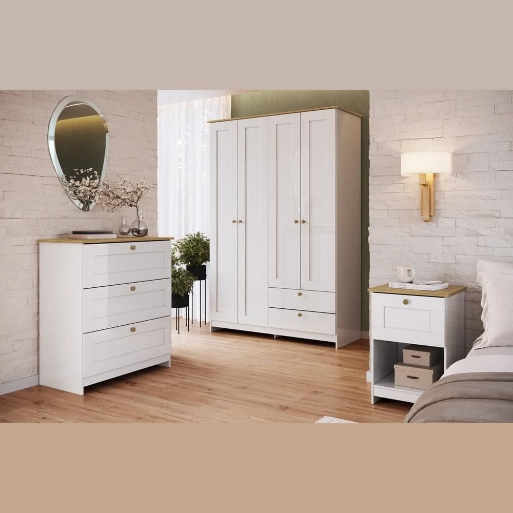 Conjunto Quarto Solteiro Completo 3 Peças 4 Portas 6 Gavetas Americano Cor Branco - Decibal Móveis