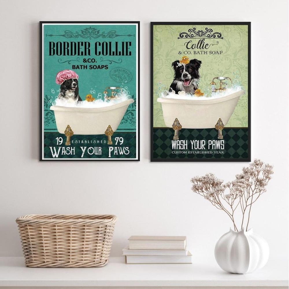 Kit 2 Quadros Banheiro Cão Border Collie 24X18Cm