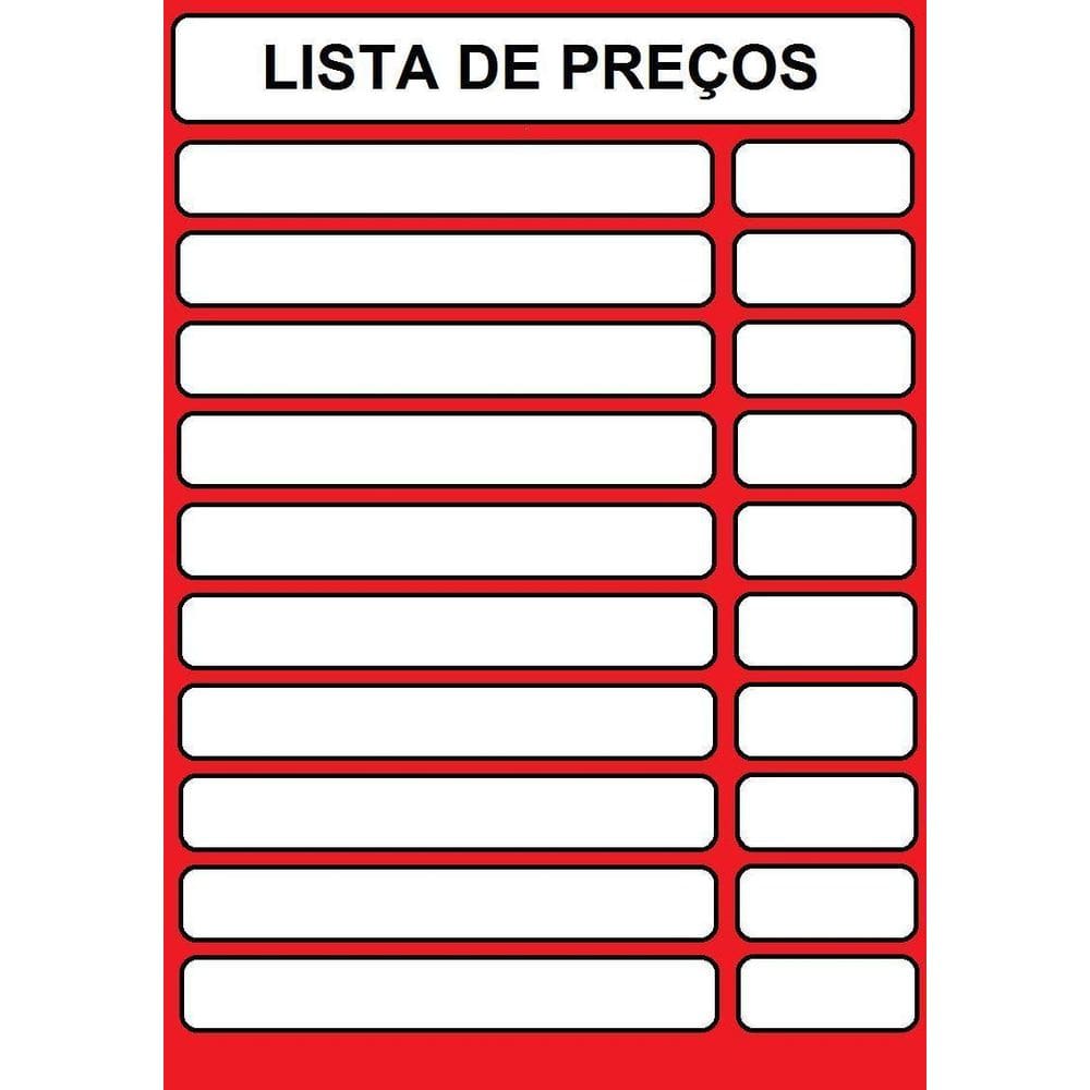 Lista Tablea De Preços Vm - 30 X 21 Cm -8 Peças- Pode Apagar