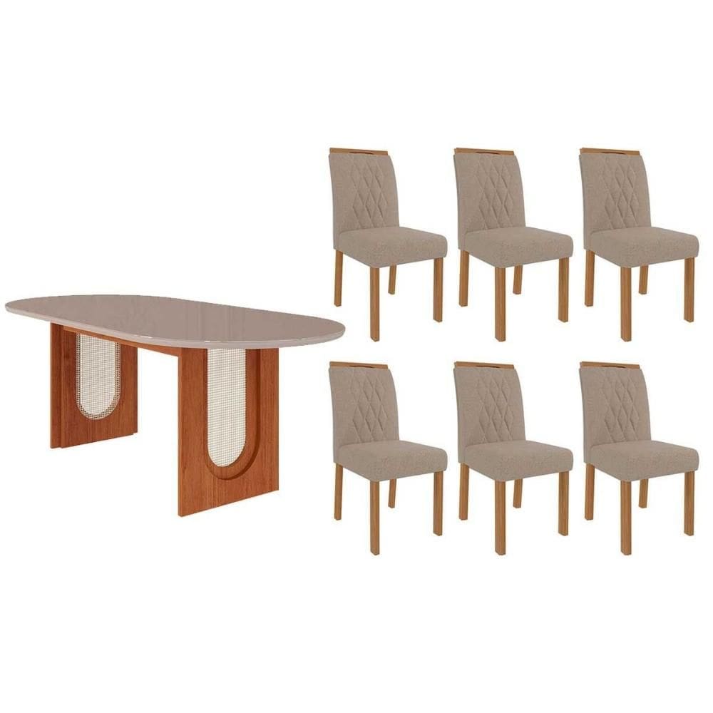 Conjunto: Mesa Sala Jantar Valentina Oval 210cm + 6 Cadeiras Juliana Cinamomo/Off White - Carvalho/Linho Bege Cimol