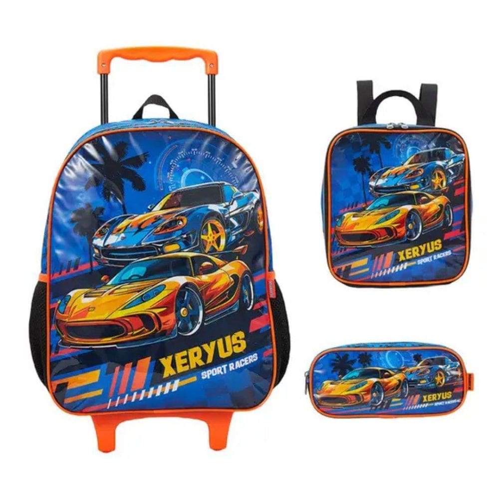 Kit Mochila Rodinhas Sport Racers Carros Lancheira Estojo