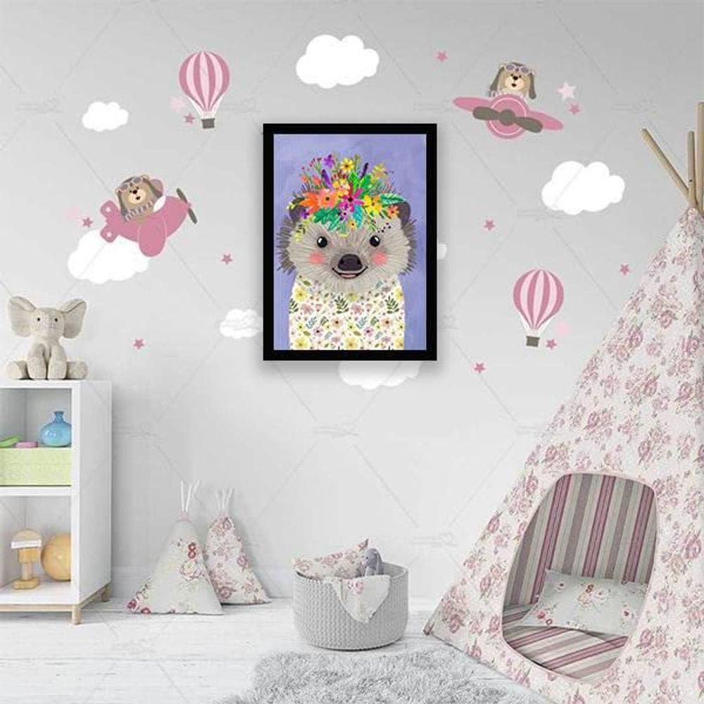 Quadro Decorativo Infantil Porco Espinho Coroa Moldura Preta
