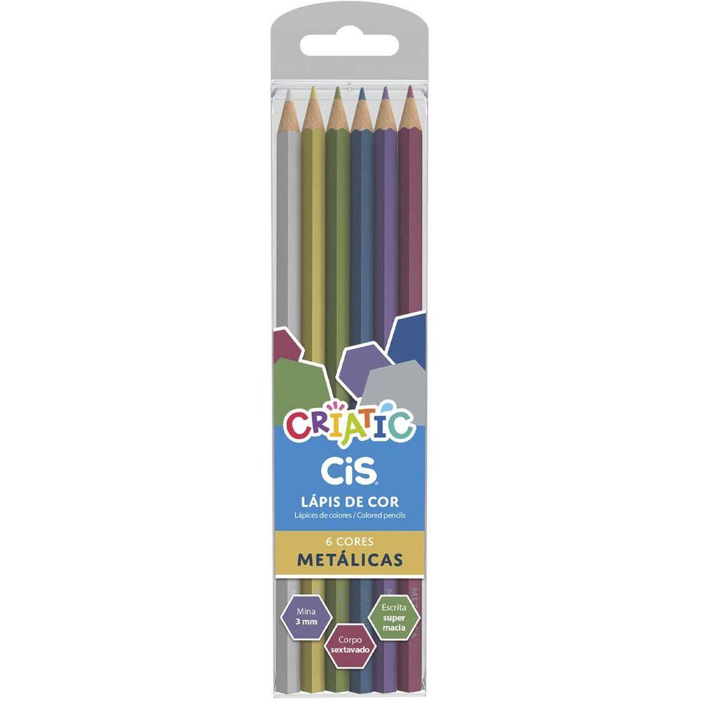 Lápis de Cor Sextavado Cores Metálicas Criatic - 6 Cores - Cis