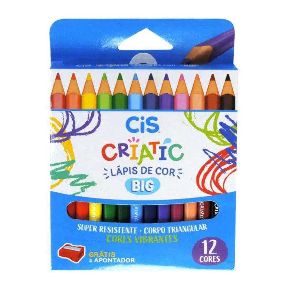 Lápis de Cor Triangular Criatic Jumbo + Apontador - 12 Cores - Cis
