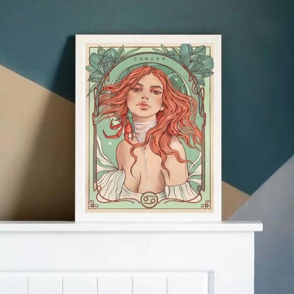 Quadro Vintage Signo Cancer 33X24 Com Vidro - Madeira Branca