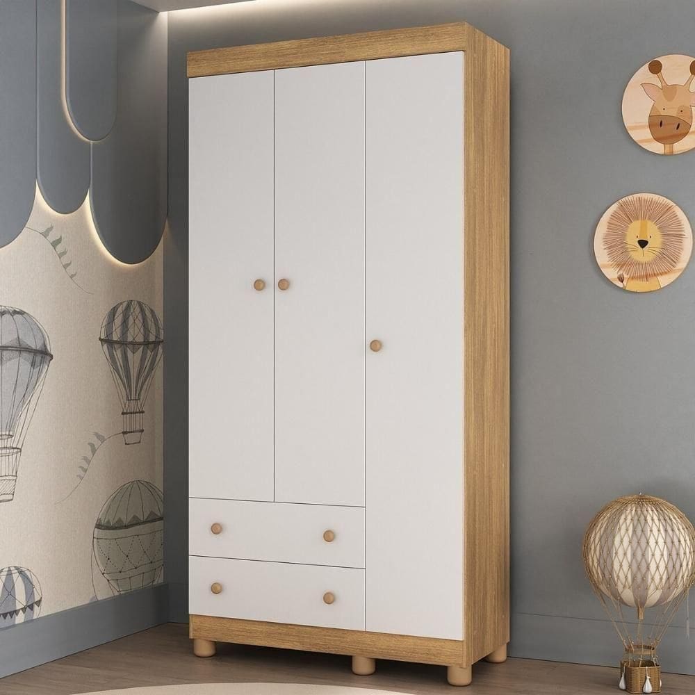 Guardaroupa Infantil 92cm 3 Portas E 2 Gavetas Allegra Multimóveis  Madeiradobranco
