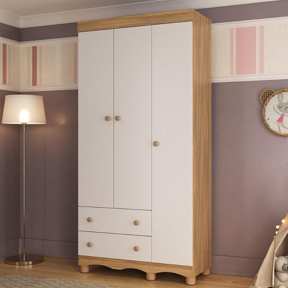 Guardaroupa Infantil 92cm 3 Portas E 2 Gavetas Dengo Multimóveis  Madeiradobranco