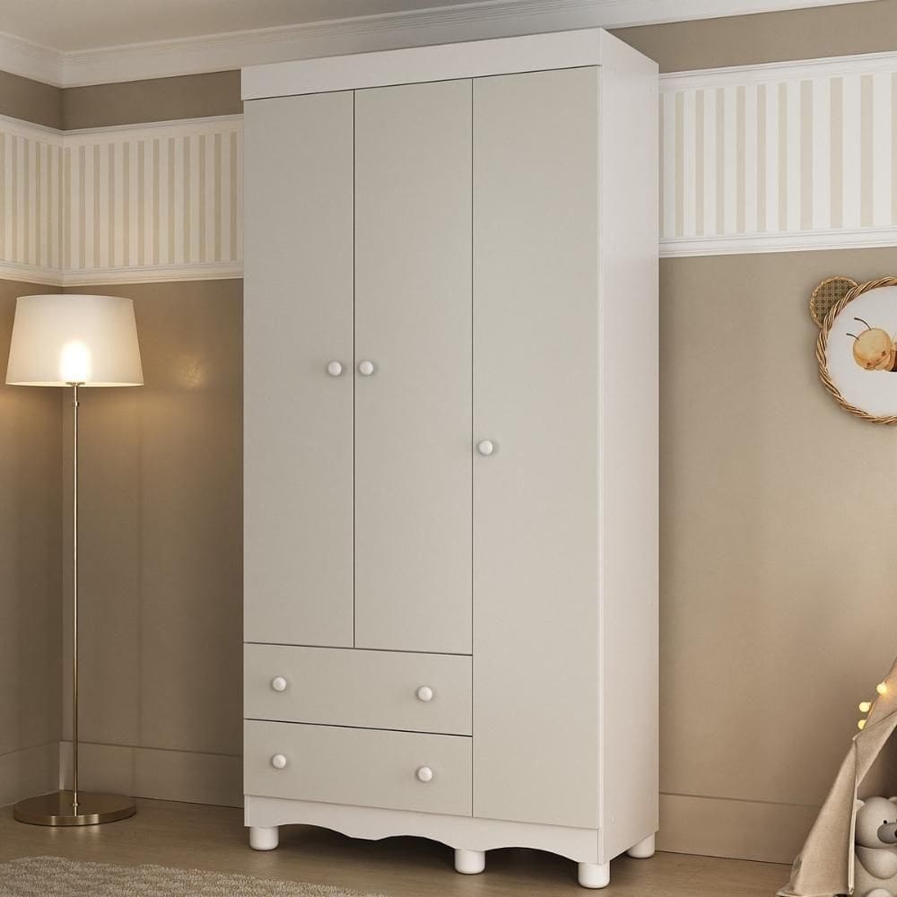 Guardaroupa Infantil 92cm 3 Portas E 2 Gavetas Dengo Multimóveis  Brancooff White
