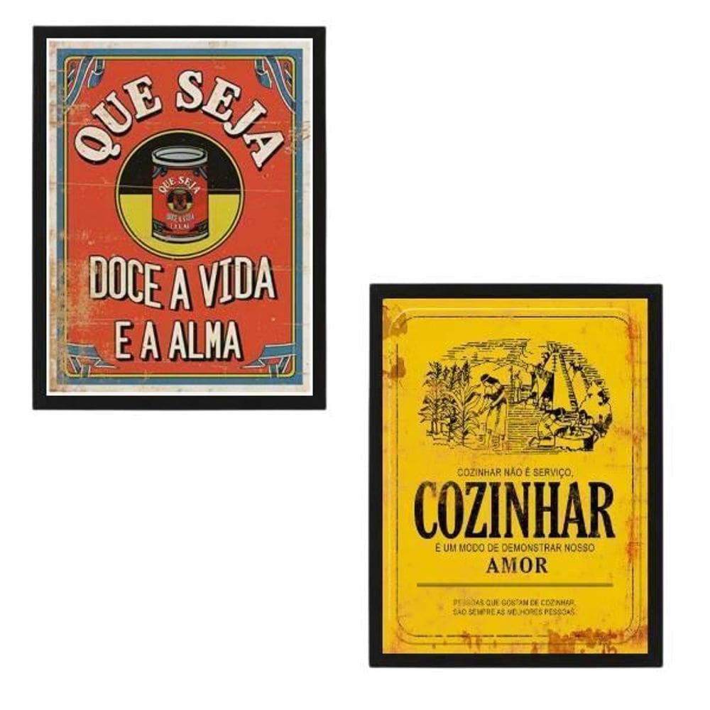 Kit 2 Quadros Cozinha Vermelho E Amarelo 33X24 C/Vidro Preta