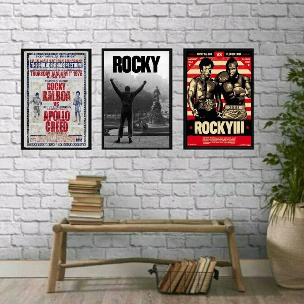 Kit 3 Quadros Rocky Balboa 24x18cm Madeira Branca