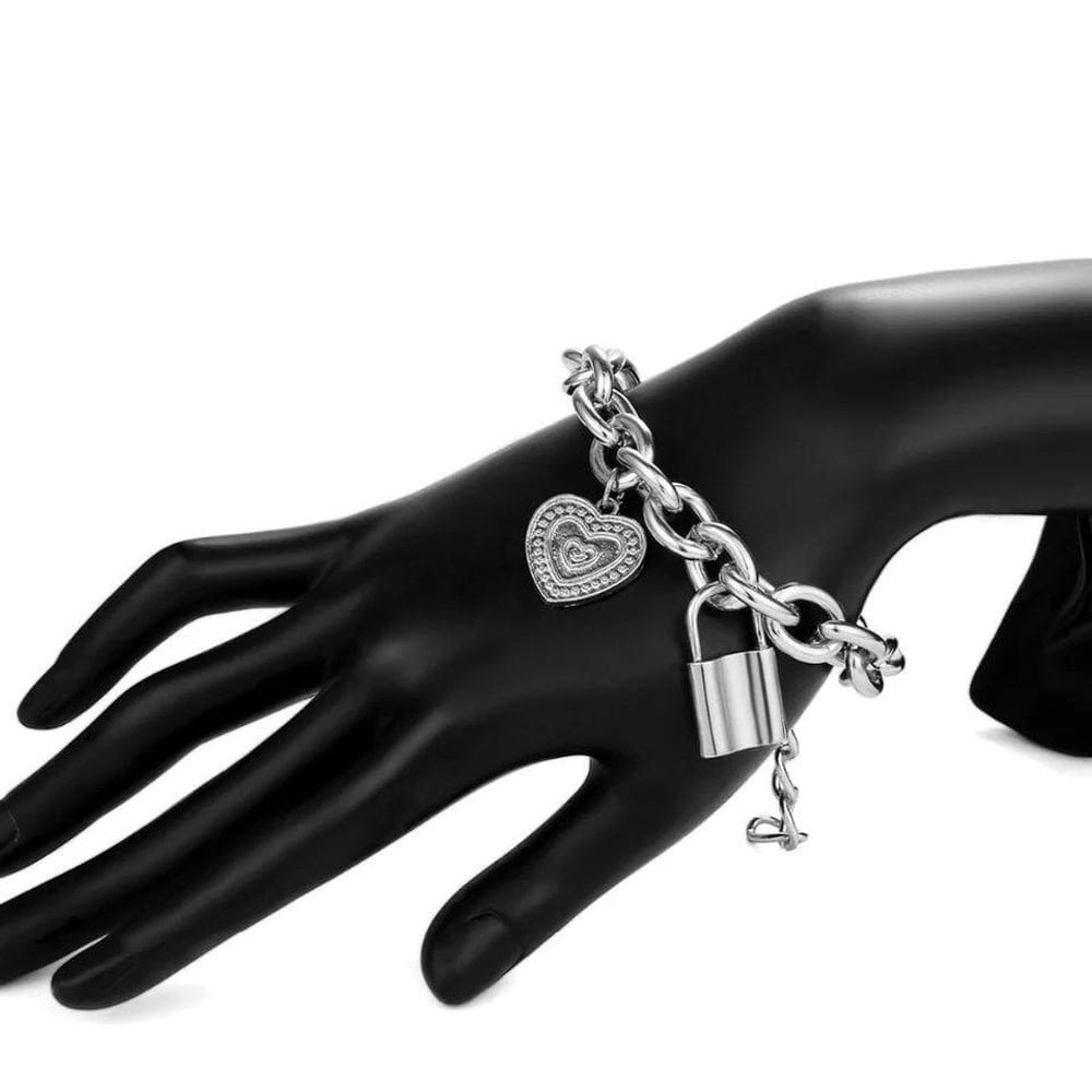 Pulseira Pingente Coração Cadeado Corrente Prateado W6565