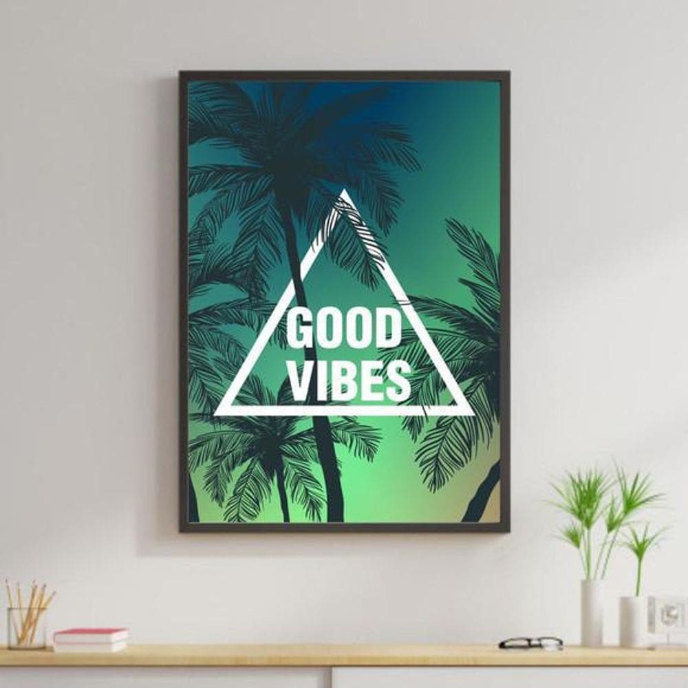 Quadro Decorativo Good Vibes Palmeira E Sol Moldura Preta