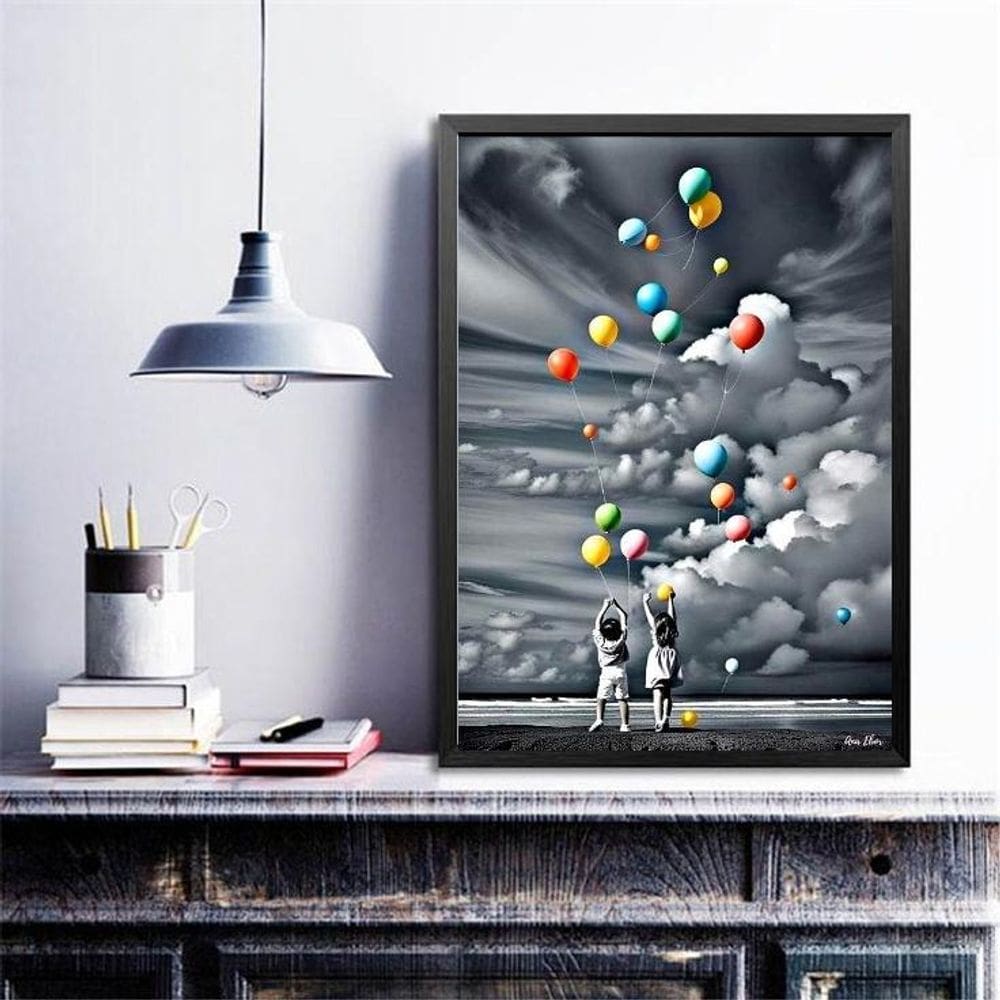 Quadro Decorativo Crianças Balões Coloridos 24X18Cm - Vidro