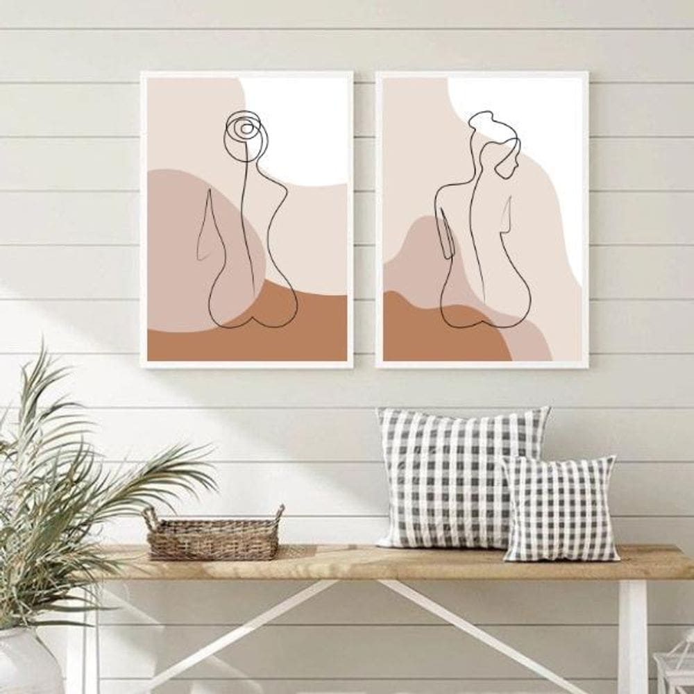 Kit 2 Quadros Nús Artísticos Bege 45x34cm - Madeira Branca