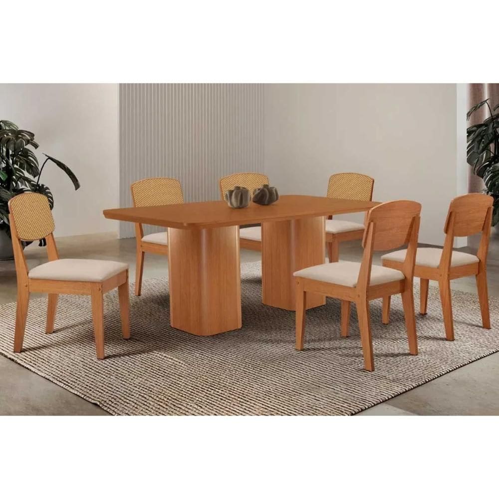Conjunto: Mesa de Cozinha Maldivas Curvo 180cm + 6 Cadeiras Havana Naturale - Suede Creme - Rufato