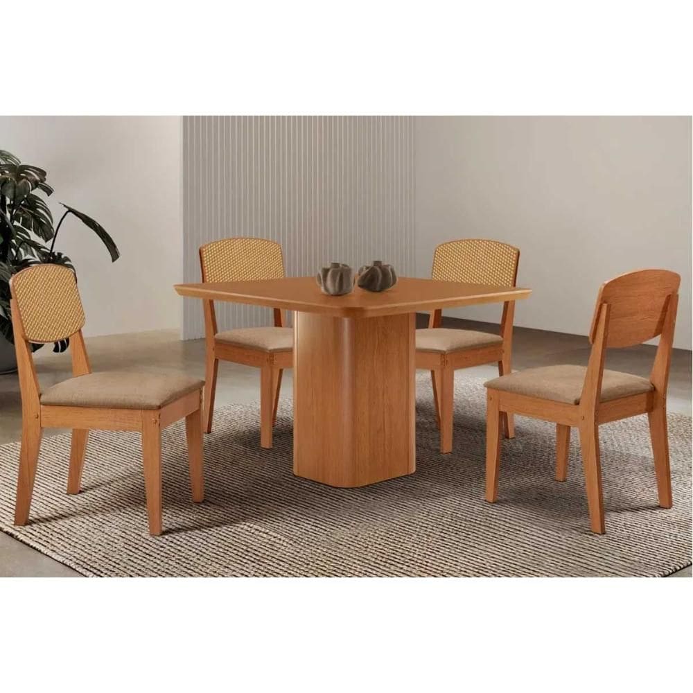 Conjunto: Mesa de Cozinha Maldivas Curvo 90cm + 4 Cadeiras Havana Naturale - Linho Bege - Rufato