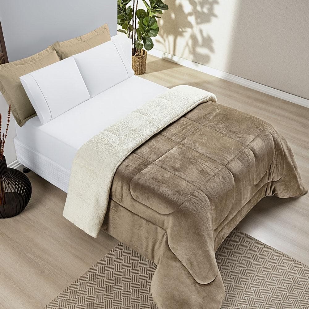 Edredom Coberdron Solteiro Sherpa Toque Lã Carneiro Cáqui