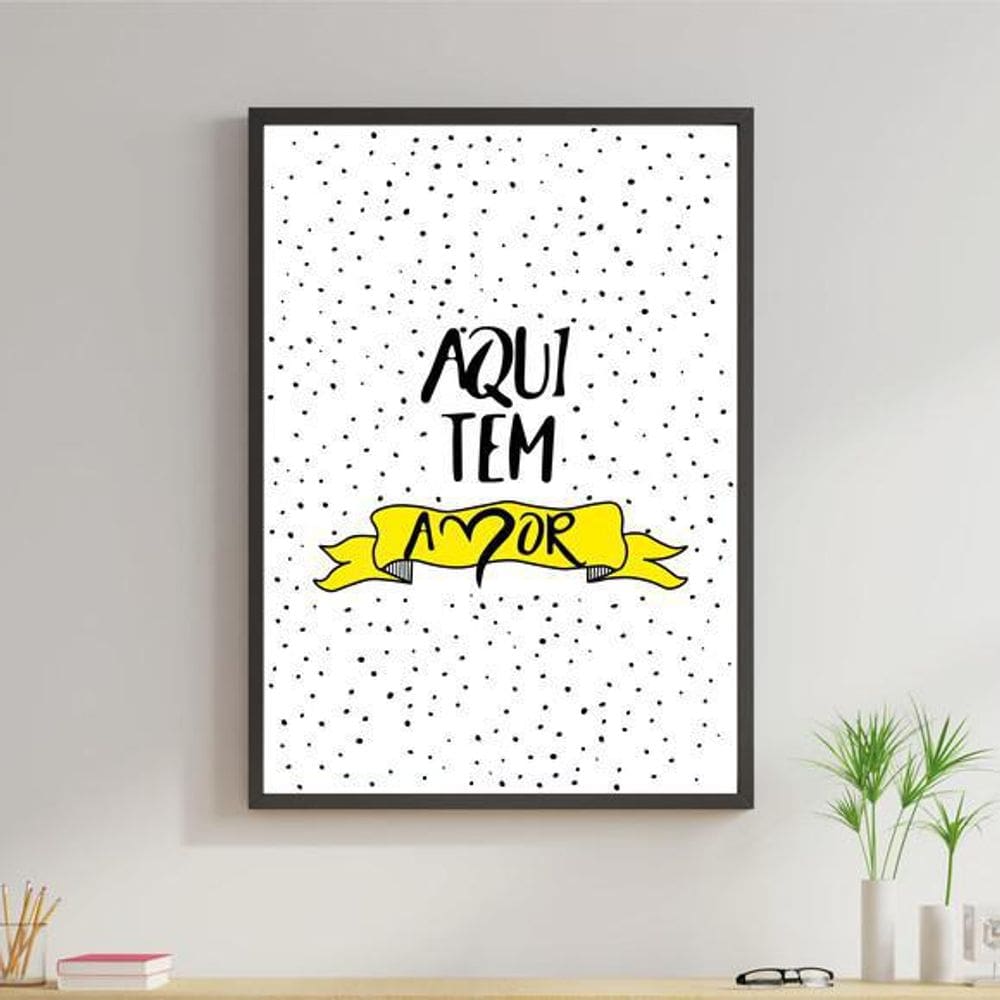 Quadro Aqui Tem Amor- Amarelo 45X34Cm Moldura Preta