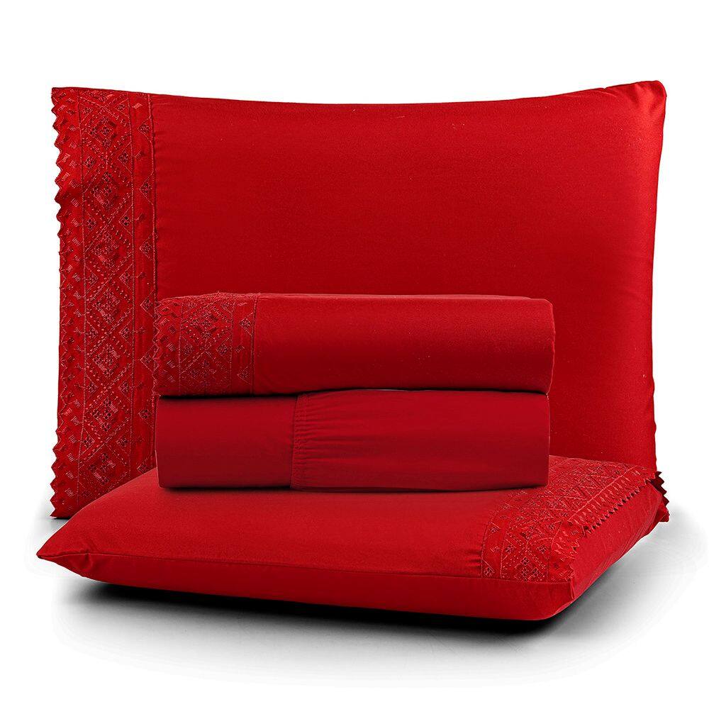 Jogo Cama Queen Cherry Bordado Inglês 4pç 100% Poliéster - Carmin
