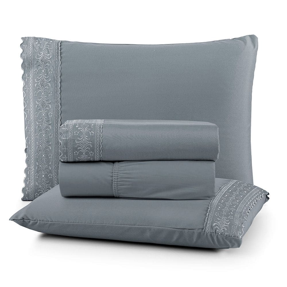 Jogo Cama Casal Cherry Bordado Inglês 4pç 100% Poliéster - Cinza