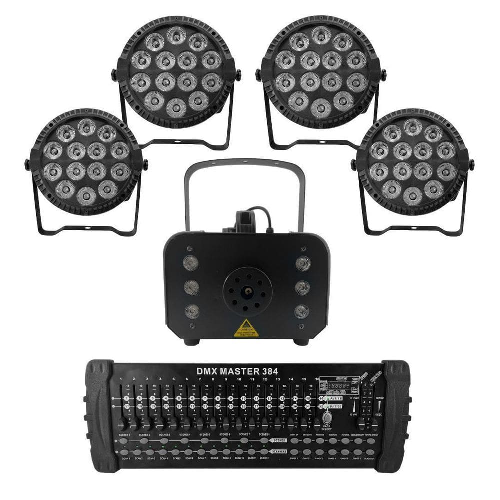 Kit 4 Par Led Slim + Máquina De Fumaça 1200W + Mesa Dmx 384