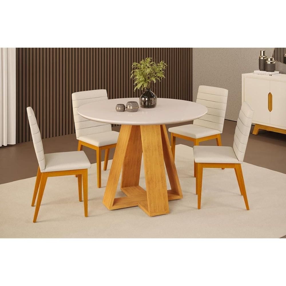 Conjunto: Mesa Sala Jantar Celeste c/ Tampo Madeirado c/ Vidro Redondo 103x103cm e 4 Cadeiras Sofia Cedro/Off White - Ipe/Linho Neve - DJ Móveis