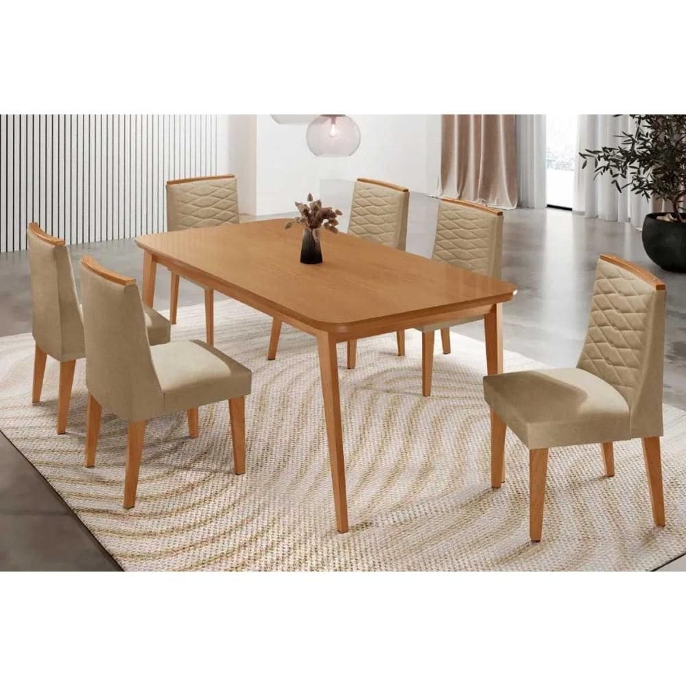 Conjunto: Mesa Sala Jantar Havana Curvo 180cm + 6 Cadeiras Maldivas Naturale - Linho Bege - Rufato