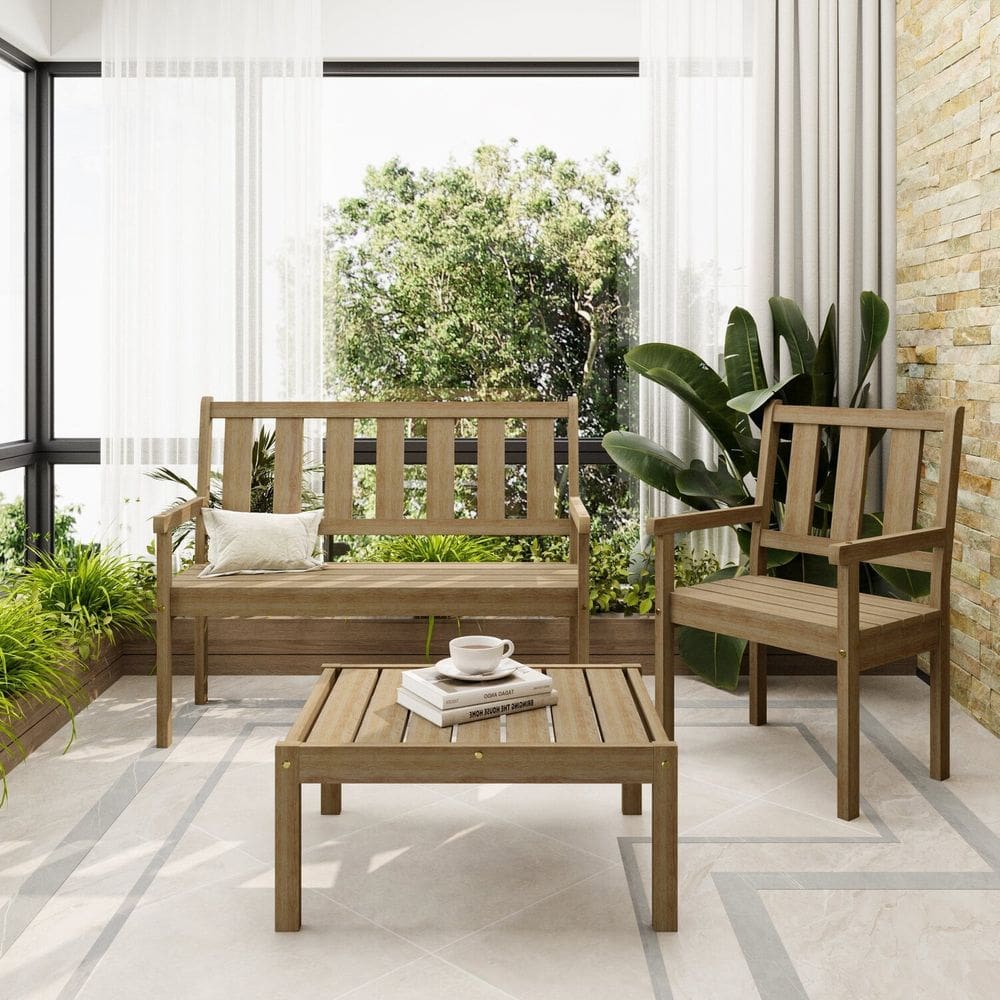 Conjunto para Jardim de Madeira 100% Eucalipto 3 Peças Envelhecido Vegas Cera Envelhecida