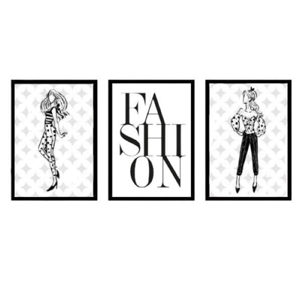 Kit 3 Quadros Moda Feminina Fashion 24X18Cm - Madeira Preta