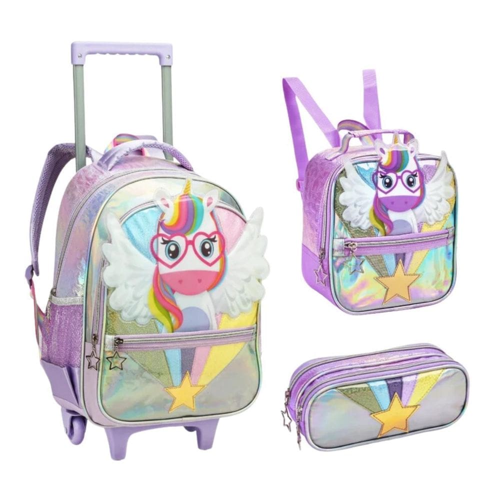 Kit Mochila Rodinha 16 Unicórnio Lancheira Térmica Estojo