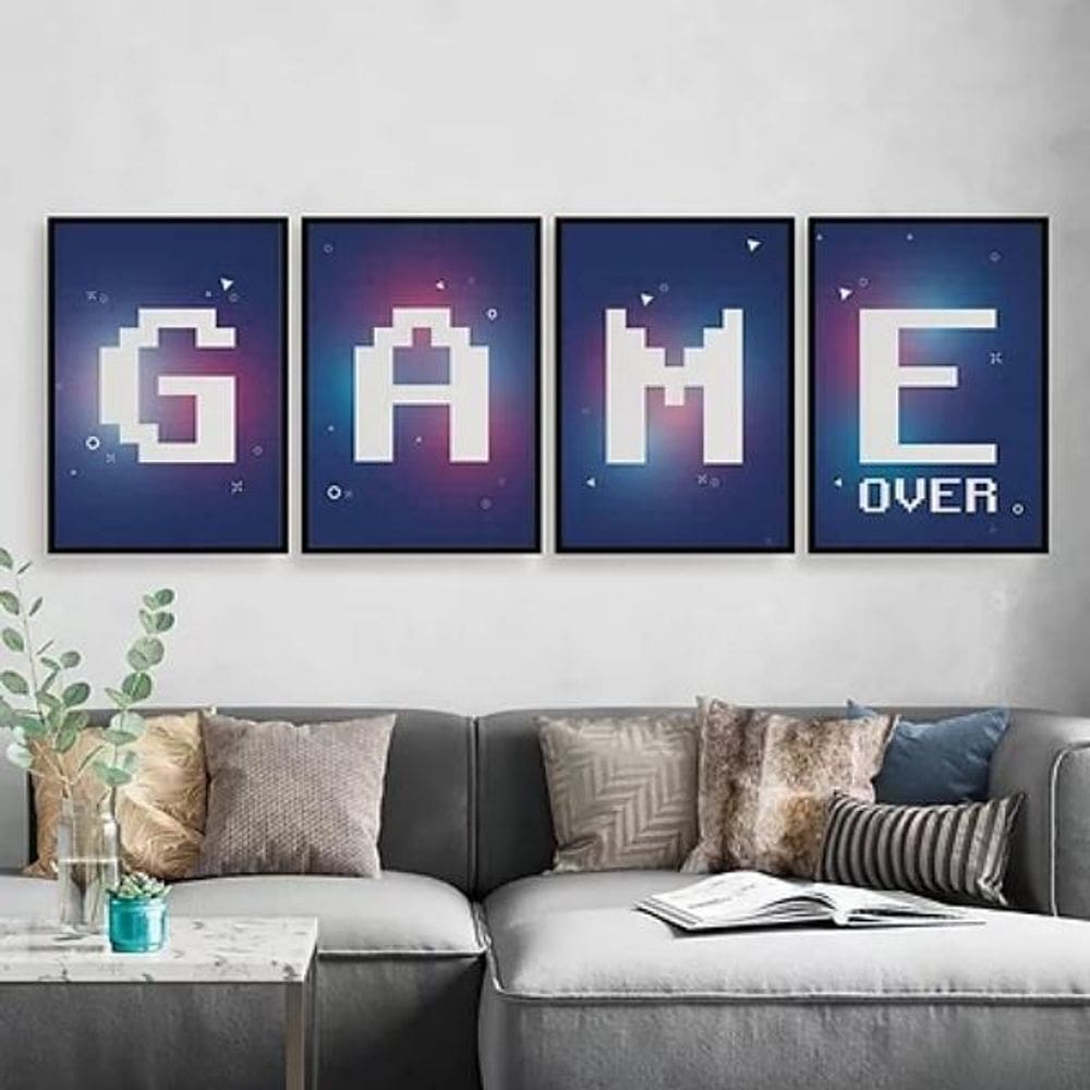 Kit 4 Quadros Gamer Game Over Roxo 33x24cm