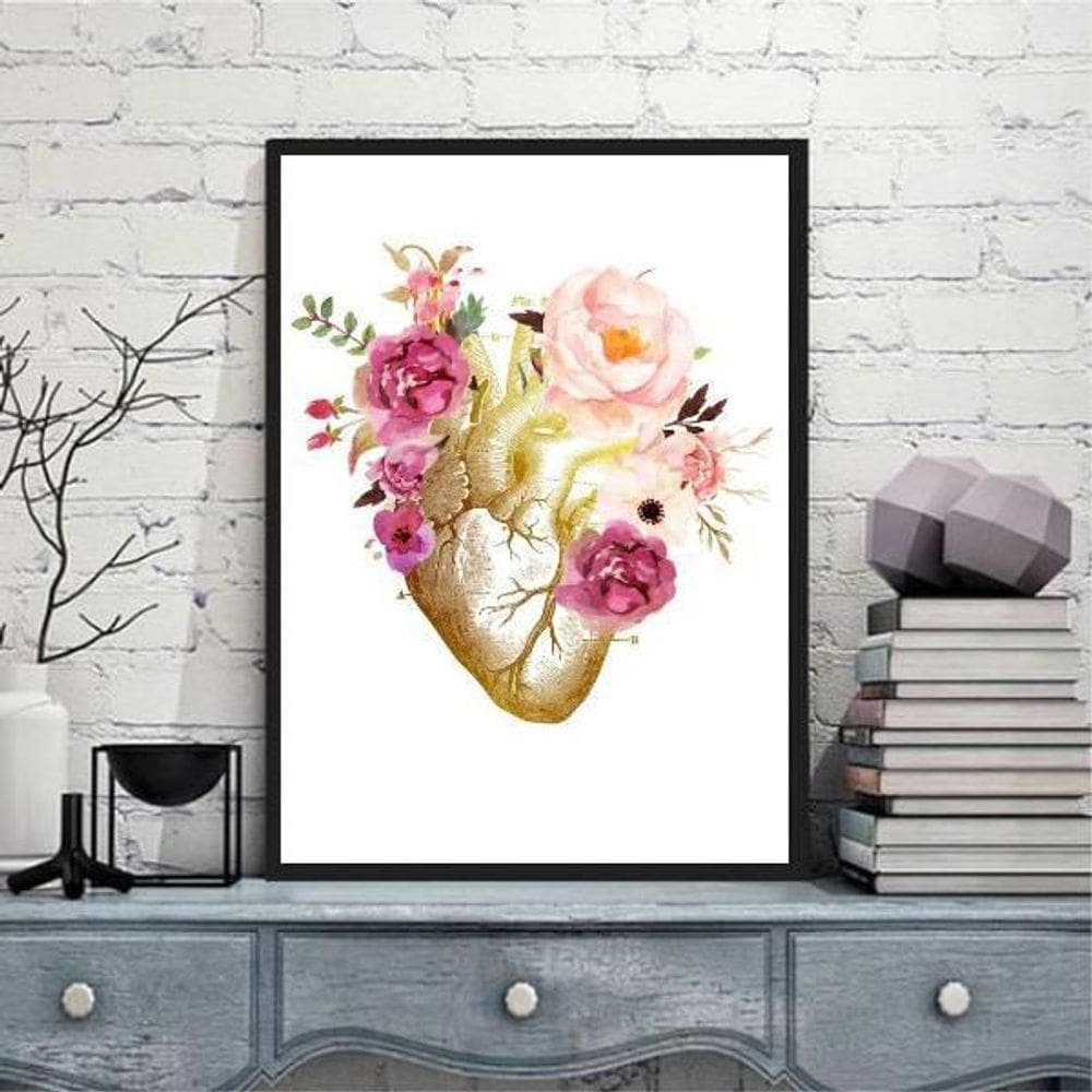 Quadro Decorativo Coração Florido 45X34Cm Moldura Preta