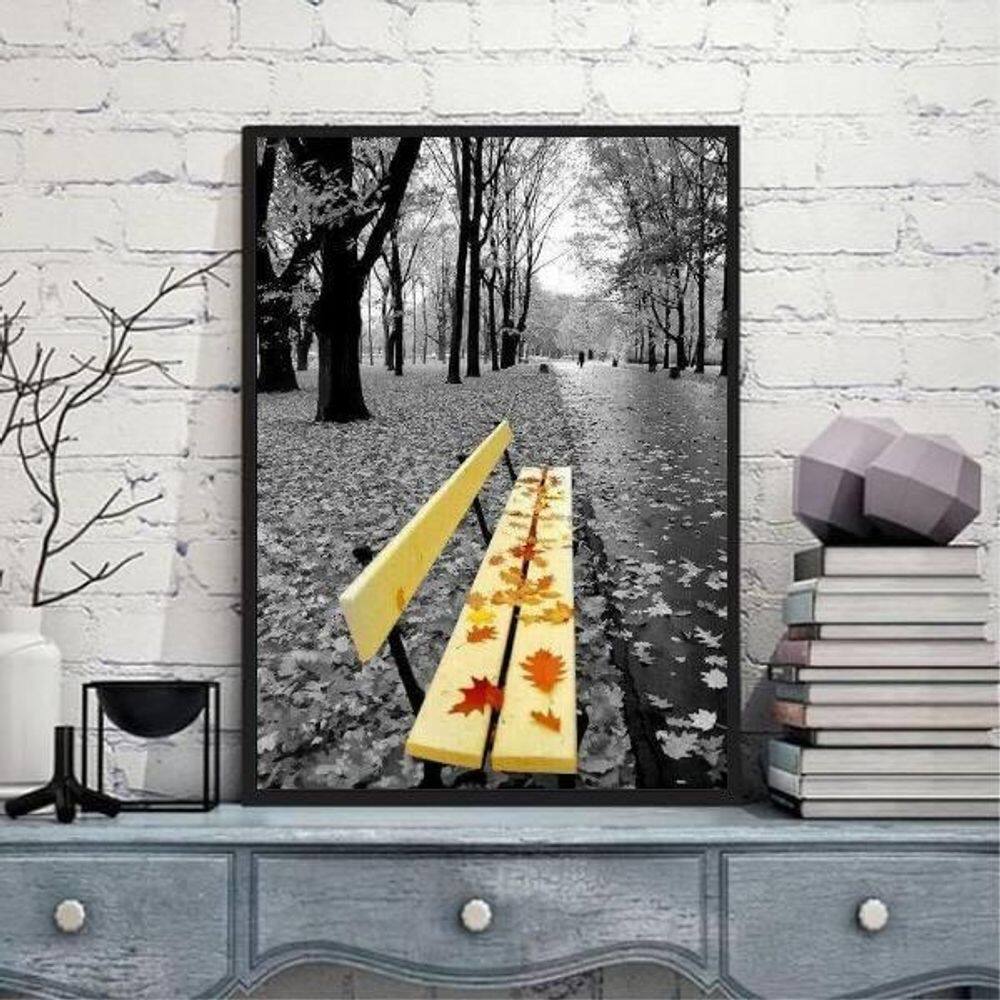 Quadro Fotografia Banco Praça Amarelo 33X24Cm Madeira Preta