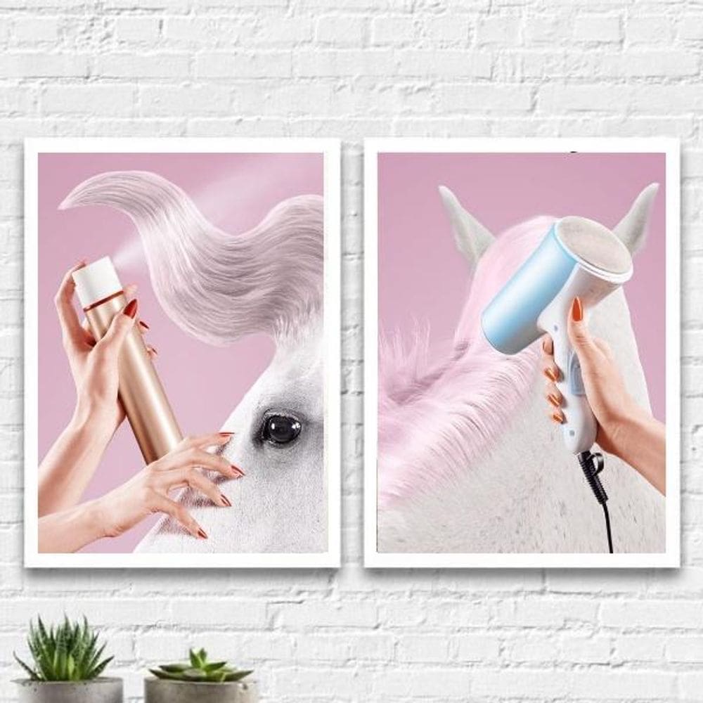 Kit 2 Quadros Salão Cavalo 33x24cm - Vidro, Moldura Branca