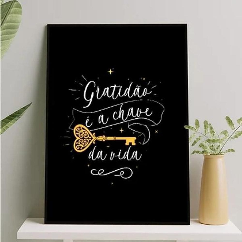 Quadro Gratidão É A Chave Da Vida 24X18Cm Madeira Preta