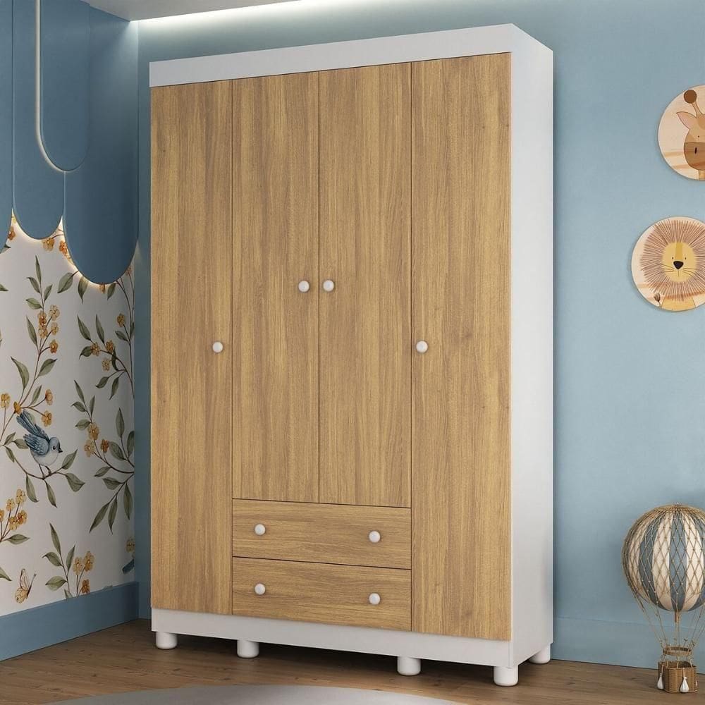 Guardaroupa Infantil 122cm 4 Portas E 2 Gavetas Allegra Multimóveis Mp4443 Brancomadeirado