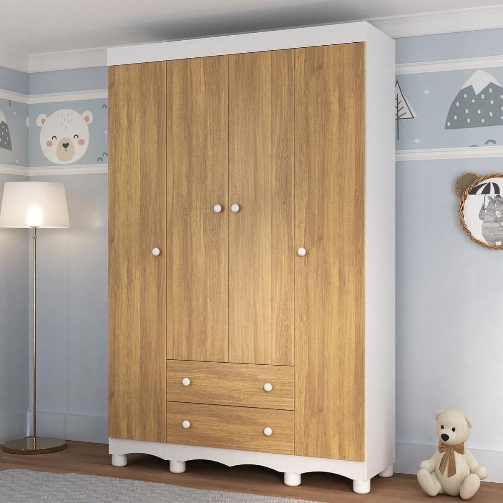 Guardaroupa Infantil 122cm 4 Portas E 2 Gavetas Dengo Multimóveis Mp4438 Brancomadeirado