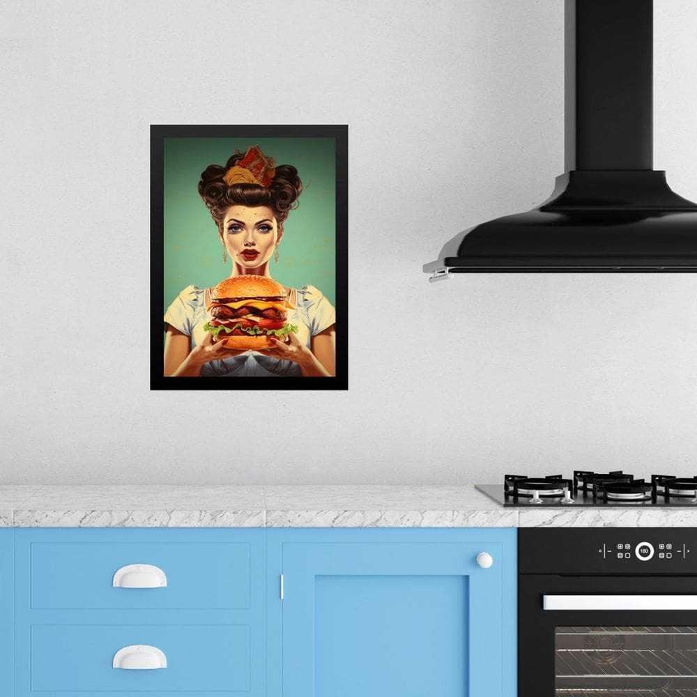 Quadro Cozinha Retro Hamburger - Pin Up 24X18Cm - Com Vidro