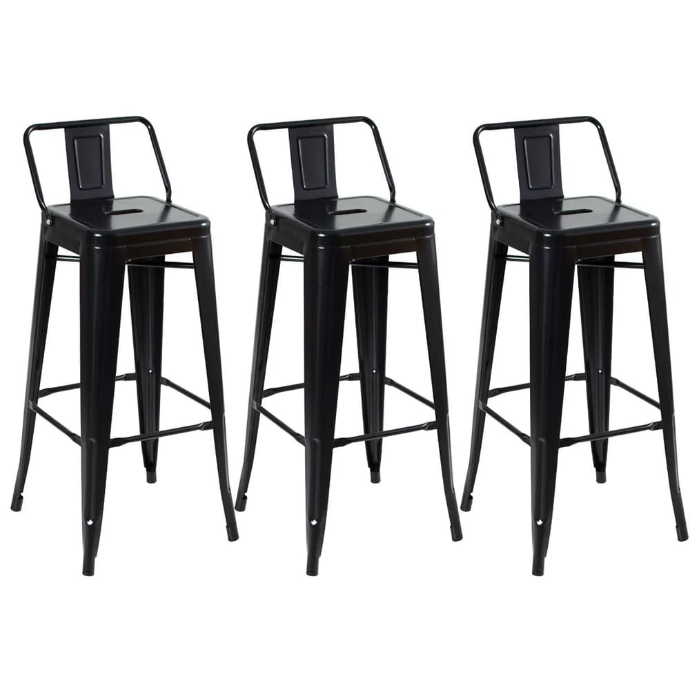 Kit 3 Banquetas Altas Industriais Pretas em Aço 76cm com Encosto – Estilo Tolix