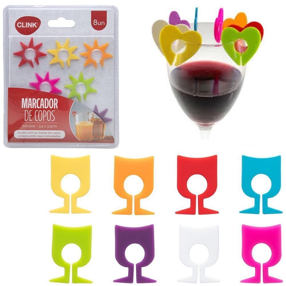 Marcador Silicone Copo / Taca Vinho 8 Pecas Cartela