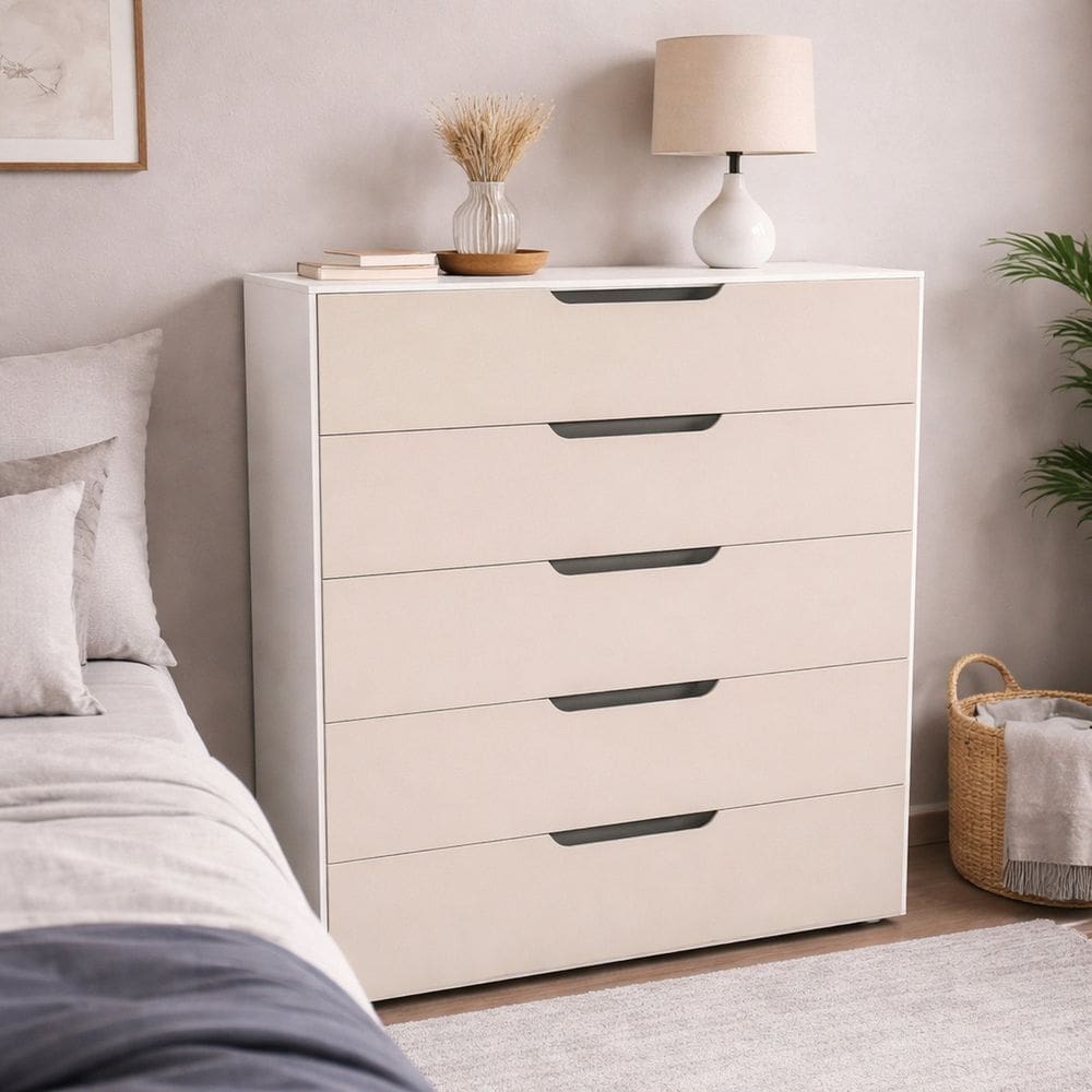 Cômoda para Quarto 5 Gavetas 90cm Madri Creme/Branco