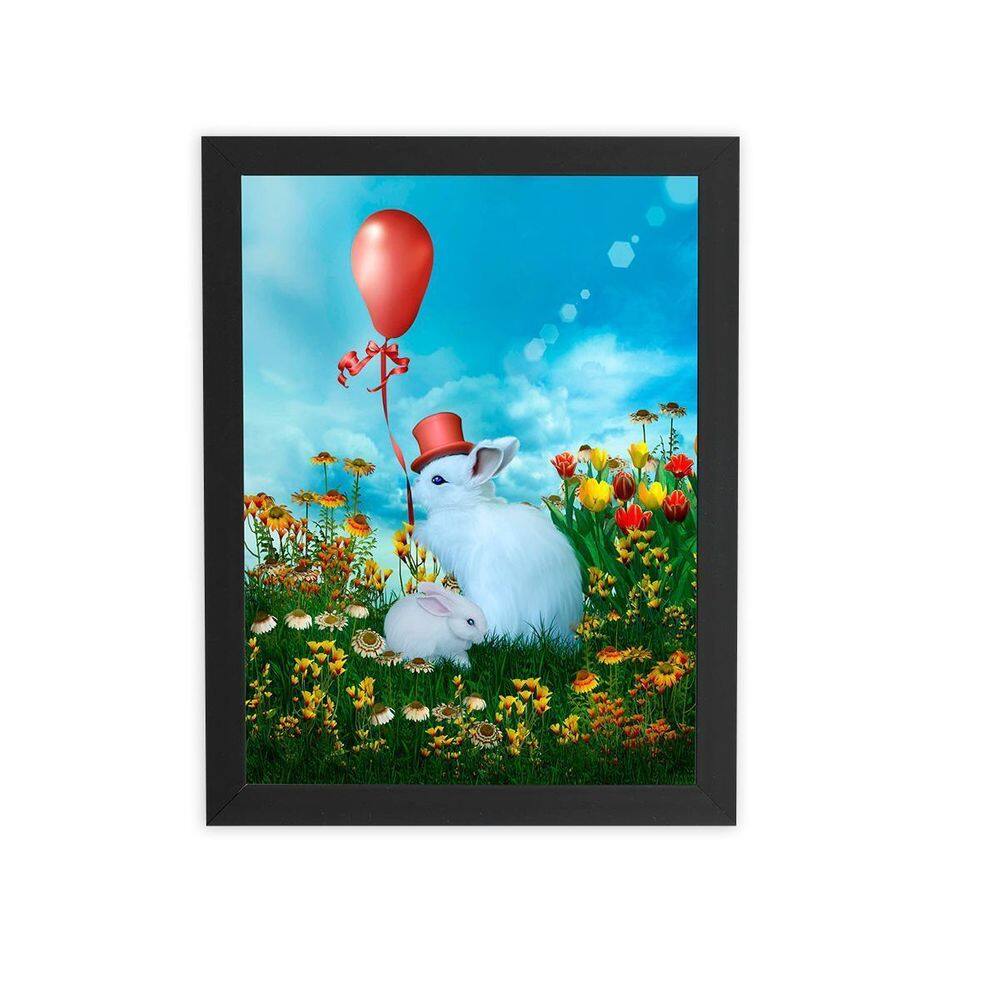 Coelhos Brancos Arte Balão Quadro Moldura Preta 60X40Cm